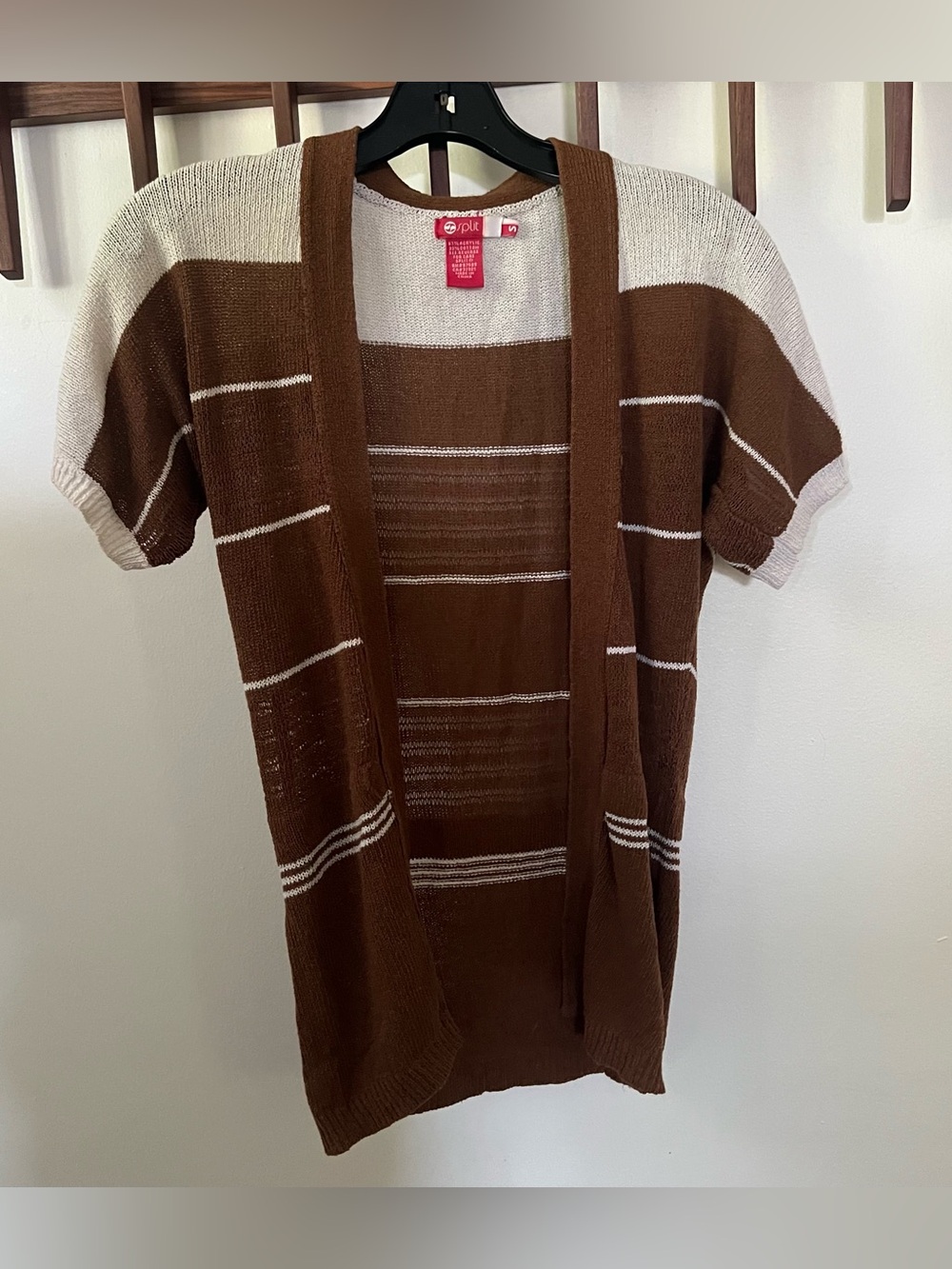 Womens Split Open Front stripe Short Sleeve knit Sweater Cardigan Size S